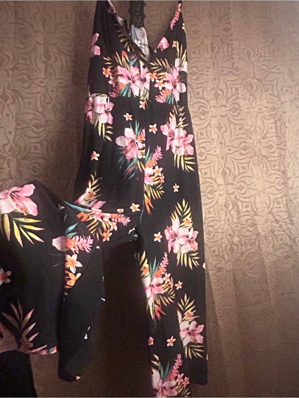 NOBO Black Wide-Leg Floral Jumpsuit with Pink Blooms